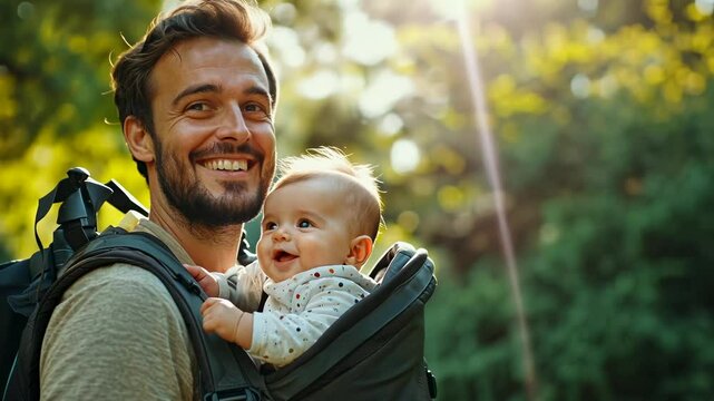 father carries his newborn son in a baby carrier while strolling through a park. The sun shines brightly as they enjoy nature and spend quality time together. The atmosphere is warm and joyful.