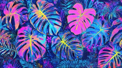 Vibrant Neon Tropical Monstera Leaves Pattern