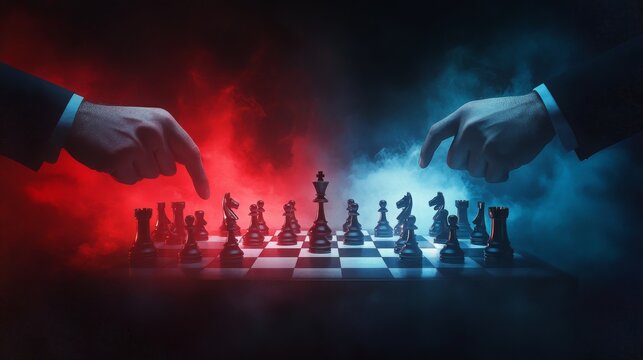 Surreal chess match between political leaders symbolizing global power dynamics