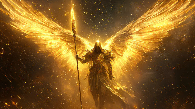 Angelic warrior with golden wings and spear. Celestial Light Wings. Illustration