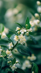 Close-up of delicate white flowers blooming on a branch with vibrant green leaves, creating a beautiful natural scene