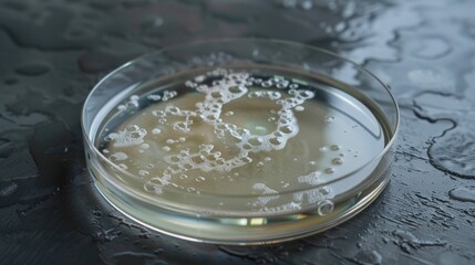 A Petri dish featuring a clear agar surface contains a large circular colony of yeast cells. The colony is well-defined against the surrounding medium indicating healthy growth