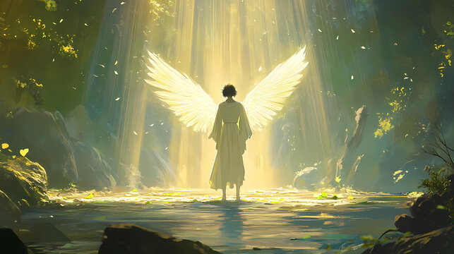 Archangel gabriel standing in a peaceful heavenly realm with an aura of light and wings gently spread. Celestial Light Wings. Illustration