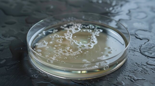 A Petri dish featuring a clear agar surface contains a large circular colony of yeast cells. The colony is well-defined against the surrounding medium indicating healthy growth