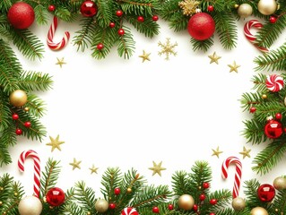 Christmas frame Ornaments, star, and candy cane decorate fir on white background. Use as card