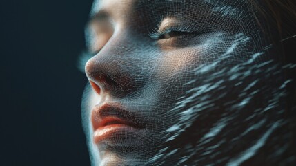 Facial recognition technology involves a person's face being scanned and compared to data from an AI biometric system on a computer screen, illustrating the concept of verification, id, and deepfake