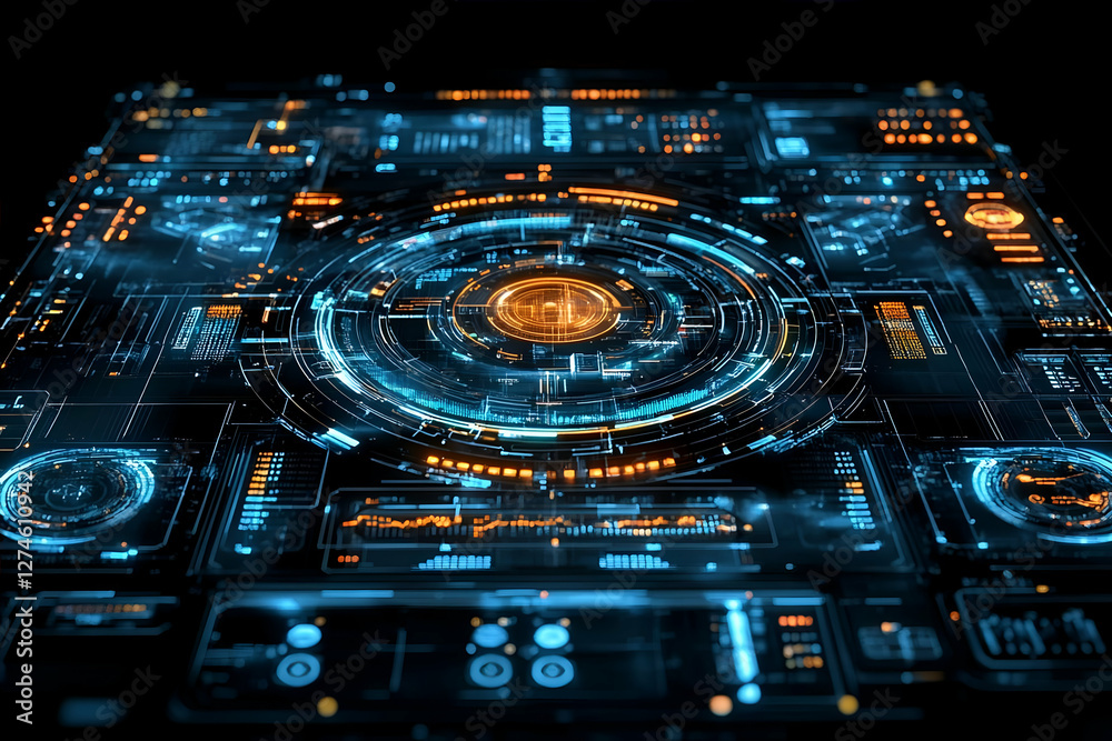 Poster complex digital interface displaying abstract data, representing technology or science, possibly use