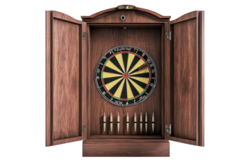 A traditional wooden dartboard set ready for an exciting game night with friends isolated on transparent background