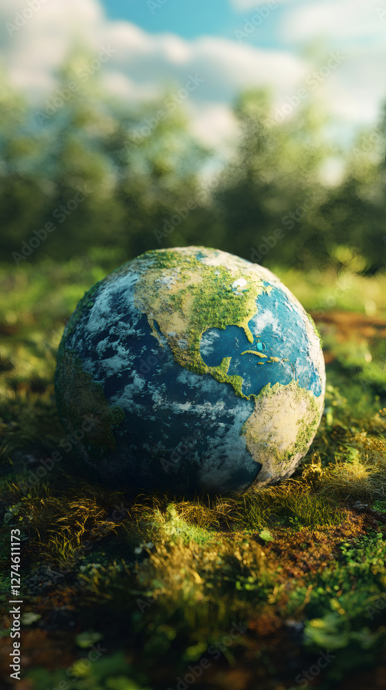 Poster miniature globe nestled on verdant moss, representing global ecosystem preservation in lush woodland