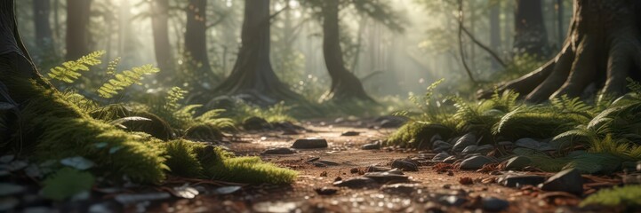 Fototapeta premium Softly filtered light casting intricate patterns on forest floor, forest, dappled light