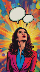 Pop art concept businesswoman and empty speech bubbles. Colorful background in pop art retro comic style. Copy paste area. Vertical