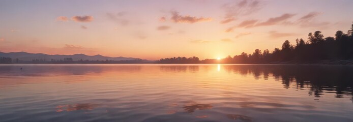 Fototapeta premium Soft watercolor waves on a tranquil lake at sunset, forest scenery, serene landscape