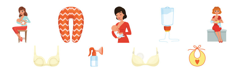 Breastfeeding Object and Item for Baby Care Vector Set
