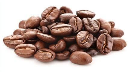 Fototapeta premium Close-up of a pile of roasted coffee beans showcasing their rich color and texture on a white background