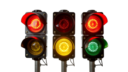 LED Traffic Lights Red Yellow Green Signals, Urban Street Safety Design, isolated on transparent background.