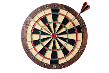 Obraz premium Precision dart striking the bullseye on a classic wooden dartboard in a cozy game room isolated on transparent background