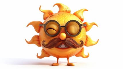 Naklejka premium Cartoon sun with a mustache and monocle, smiling warmly, isolated on white