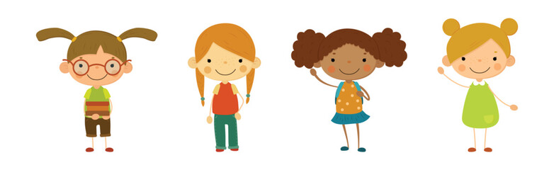 Funny Girl Kid Character Stand and Smile Vector Set