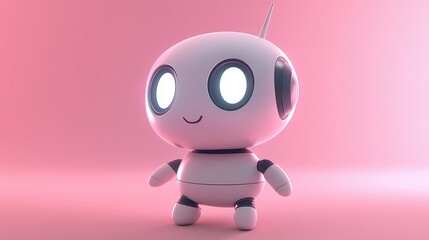 Naklejka premium A cute white robot with a simple smiling face and glowing eyes stands on a pink surface creating a playful and inviting atmosphere