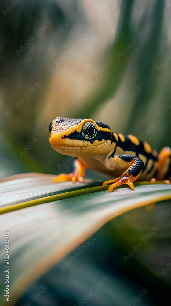 Poster close-up of a gecko with yellow and black stripes resting on a large green leaf in a tropical forest