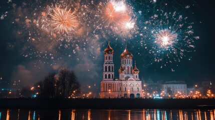 Fireworks over churches at night.