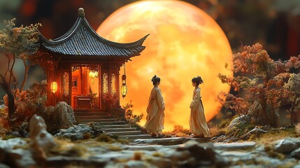 Traditional asian miniature diorama night scene high resolution hd wallpaper