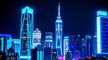 Stunning Night Skyline Cityscape with Illuminated Towers