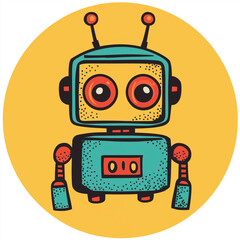Naklejka premium Retro robot illustration. A cute, vintage-style robot with large eyes and teal body against a yellow background.