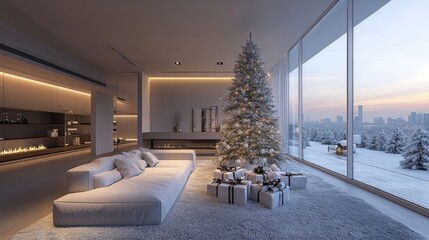 Frosted Christmas tree with gifts in a modern living room