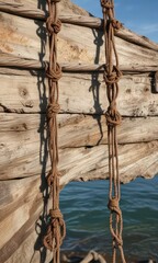 Weathered wooden fishing net hanging from a rusty old anchor ,  anchor,  rope