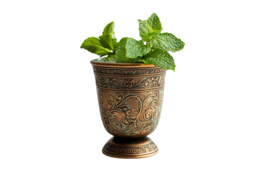 Handcrafted copper cup adorned with mint leaves, a perfect addition to refreshing summer beverages isolated on transparent background