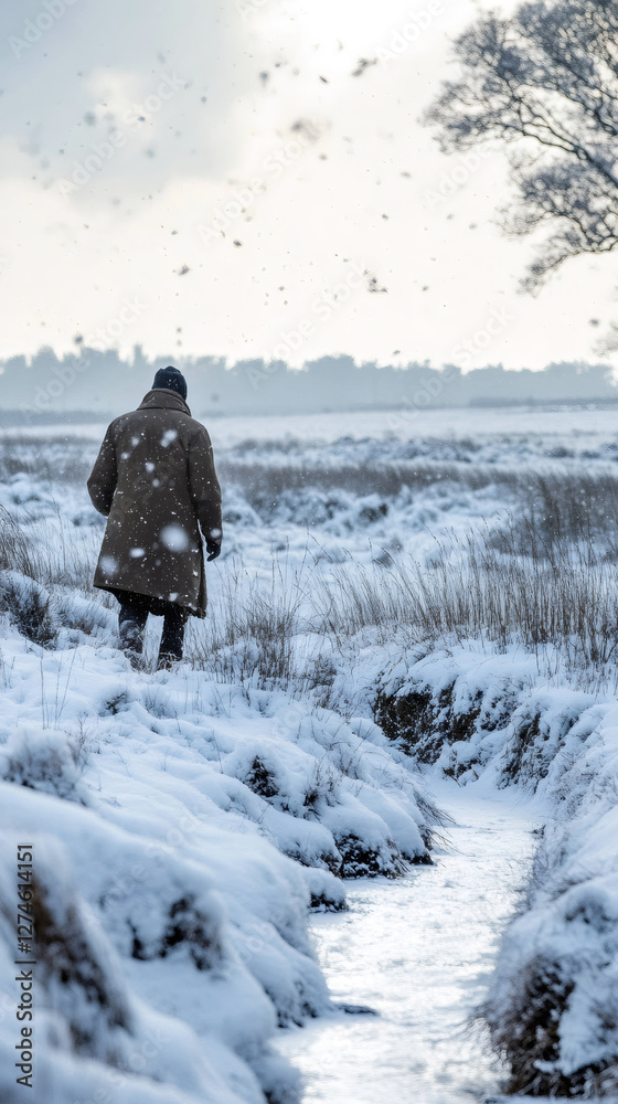 Poster man walking alongside a gently flowing stream, surrounded by a serene winter landscape blanketed in 