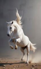Obraz premium White horse in mid-air, legs stretched out, mane and tail flowing , jumping horse, sport