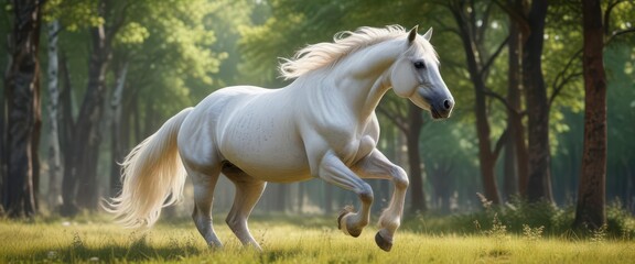 White stallion with a shimmering coat and delicate horn prances freely in an open field surrounded by tall trees , white unicorn,  white stallion
