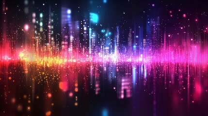 Abstract Data Visualization with Digital Sound Wave and Night City Lights, Glowing Effects