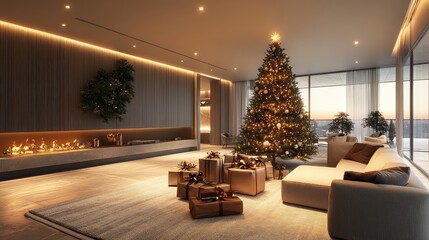 Frosted Christmas tree with gifts in a modern living room