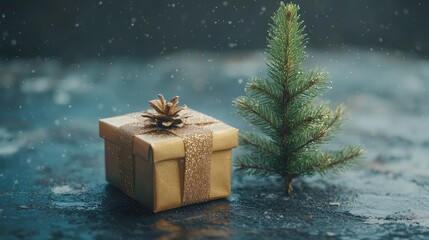 Gift box placed near small fir tree