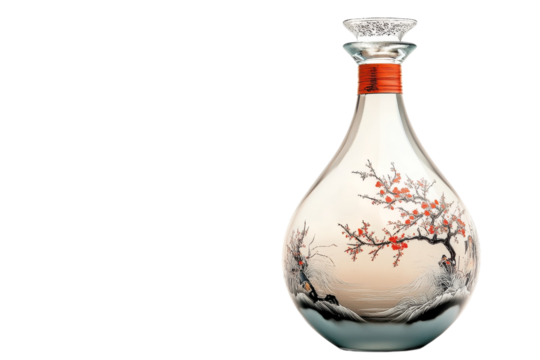 Elegant glass bottle with intricate floral design and a serene landscape at dusk isolated on transparent background