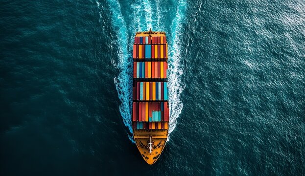 Aerial View of Cargo Ship with Containers Sailing in Open Sea, Global Business Concept