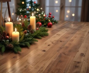 Wooden table with Christmas decorations, candles and evergreen branches ,  winter,  wooden table