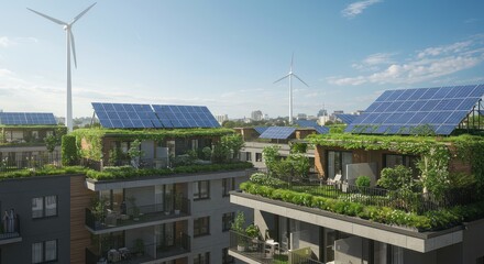 Obraz premium Sustainable Urban Living with Green Roofs, Solar Panels and Wind Turbines
