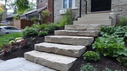 Fototapeta premium Elegant Stone Steps Leading to a Lush Urban Garden Oasis with Cedar Accents