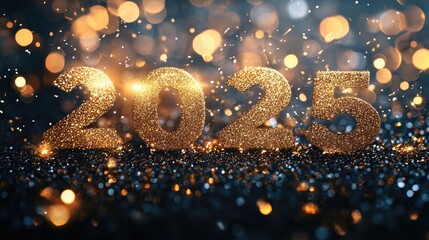 Glittering 2025 numbers against a festive backdrop with sparkling lights