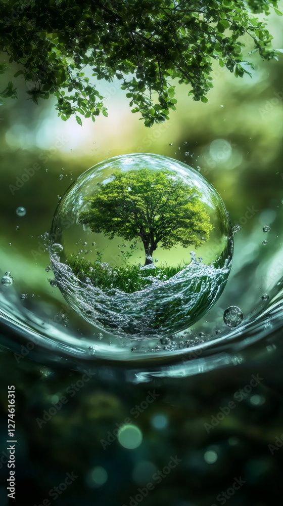 Poster green tree sprouting within transparent sphere hovering over water, symbolizing eco-friendly protect