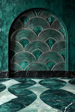 Luxury Green Marble Wall with Silver Art Deco Fan Pattern - Made with Generative AI
