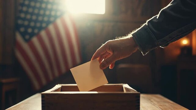 A symbolic image of democracy, showing a hand casting a vote by placing a ballot into a voting box during an election. . High quality 4k footage