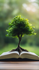 Lush tree with visible roots growing from open book on wooden table, with blurred green background and sunlight