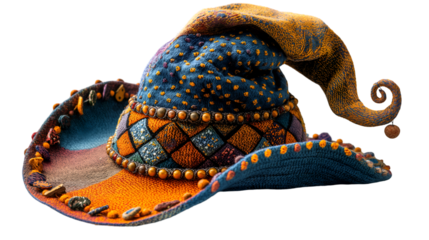 Handmade Witch Hat Autumn Folk Art, Unique Textile Design for Magical Themes, isolated on transparent background.