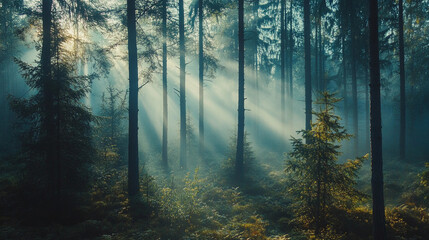 Fototapeta premium Misty forest showcasing tall pine trees with soft light filtering through the foliage in a tranquil and serene atmosphere. Generative AI