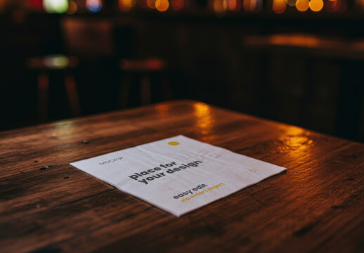 Square Paper Napkin on Pub Wooden Table Mockup